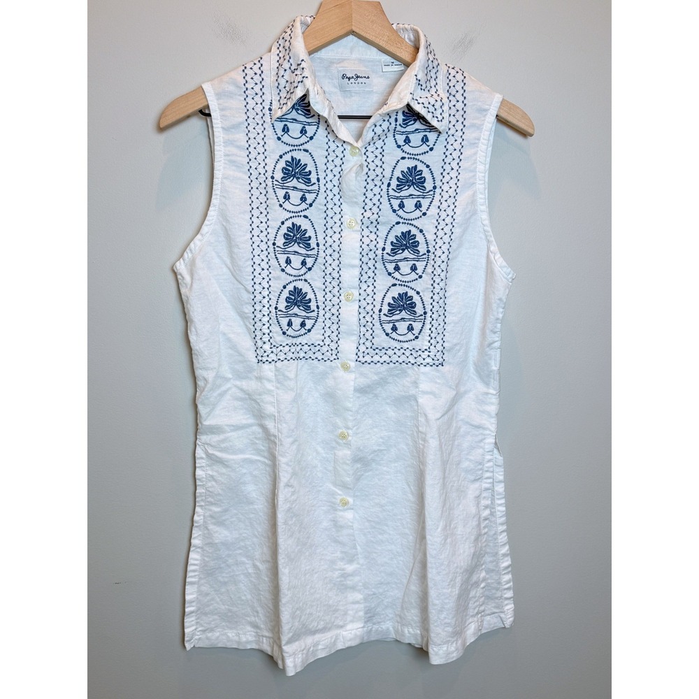VTG Pepe Jeans Embroidered Linen Cotton Sleeveless Button Up Shirt White M 90s